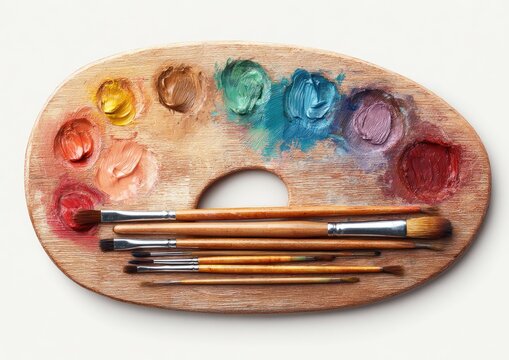 Wooden artist palette with paint and brushes - Powered by Adobe