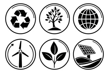Environmental Icons Collection Recycling Tree Globe Wind Turbine Plant Solar Panel.