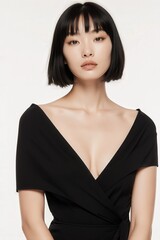 Elegant Beauty in Fashion: A stunning individual with captivating features and a chic black dress showcases a timeless and stylish look, personifying grace, allure, and the essence of modern fashion.