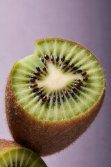 Half-Eaten Kiwi: A close-up, inviting view of a refreshing kiwi fruit, sliced to reveal its vibrant green flesh and edible seeds, with a bite taken from its surface.
