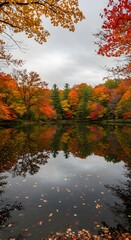 Serene lake surrounded by autumn trees, mirror reflection
