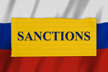 Sanctions yellow warning sign with Russian flag