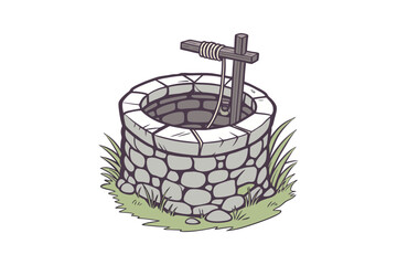 Rustic stone water well with wooden crank and rope for drawing water isolated on white background silhouette