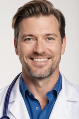 Confident Doctor Portrait: A portrait of a handsome doctor with a stethoscope, exuding competence, reliability, and care, perfect for healthcare professionals and medical visuals. 
