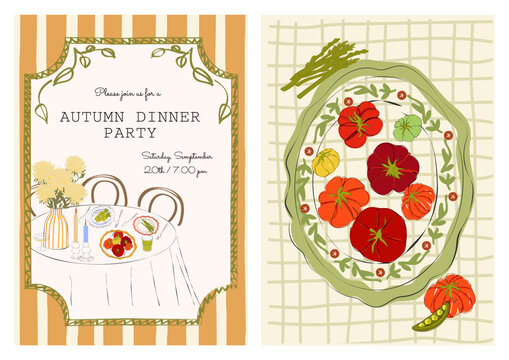 Set of cozy fall posters with autumn dinner invitation and hand-drawn tomatoes on a vintage dish. Warm striped frame, table setting with flowers and candles, heirloom tomatoes and asparagus. 