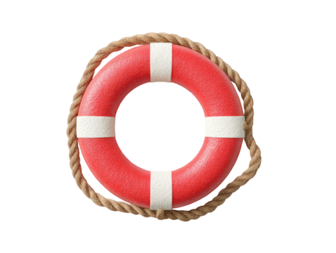 A bright red life preserver with a beige rope, seen from above