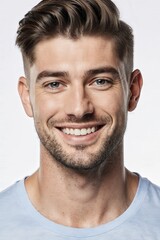 Fototapeta premium Confident Young Man's Portrait: A close-up of a handsome young man's portrait, radiating confidence with a captivating smile, and charming gaze, a timeless style of elegance.