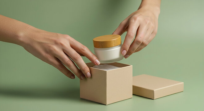 A pair of hands lifting a bamboo-capped cosmetic jar from an eco-friendly box, slow unboxing concept