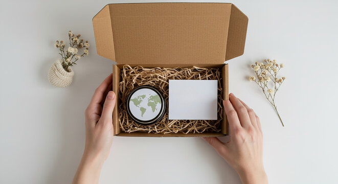 Kraft box with eco cosmetics and blank card on a simple table with dried flowers