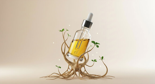 A dropper bottle floating mid-air, with roots gently wrapping around its base like hands on a light background