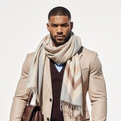 Modern Man's Elegance: A portrait of a stylish man showcases sophistication with a tailored coat, scarf and a leather bag. Captured in a high fashion editorial style.