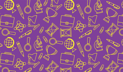 Seamless pattern of yellow school and science icons on a purple background illustration.