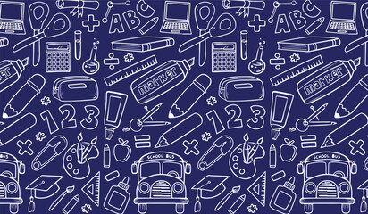 Hand-drawn seamless pattern with various school supplies for an education concept