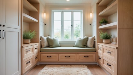 Cozy reading nook with a cushioned window seat and custom built-in wooden cabinetry, creating an organized and tranquil corner in a luxury home