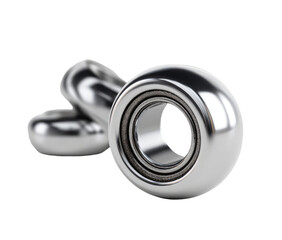 Close-up of two metallic bearings.  One bearing is prominently displayed, angled, showing a round inner race and a slightly recessed outer ring.  A second bearing is partially visible.