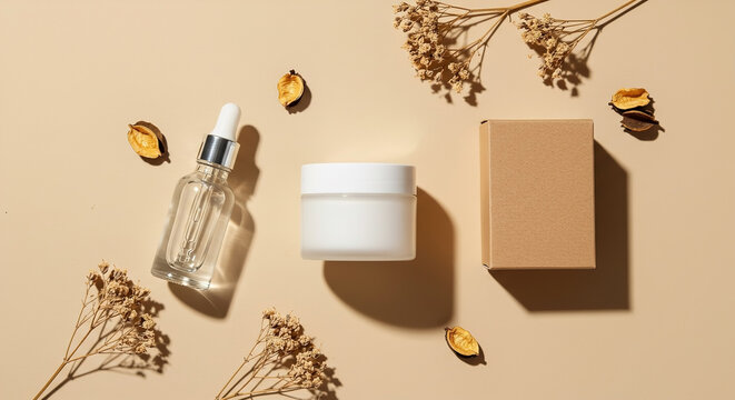 Sleek skincare products arranged on a minimalist background with dried flowers