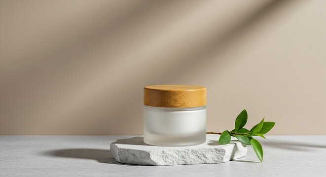 Elegant skincare jar placed on a stone surface with green leaves in soft natural light