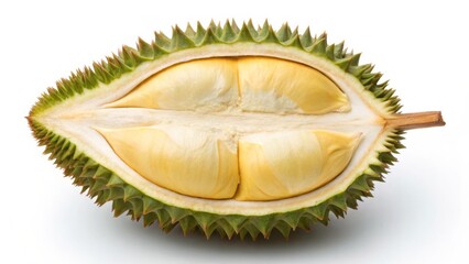 Fototapeta premium Ripe Durian Fruit Isolated on White Background, Close-up View of Creamy Yellow Flesh and Spiky Exterior