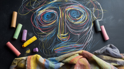 Obraz premium An artist's still life on a blackboard, with a colorful, abstract face drawn in chalk, surrounded by scattered chalk sticks and a crumpled multicolor cloth