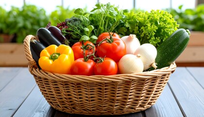 Wicker basket overflowing with a colorful array of fresh vegetables