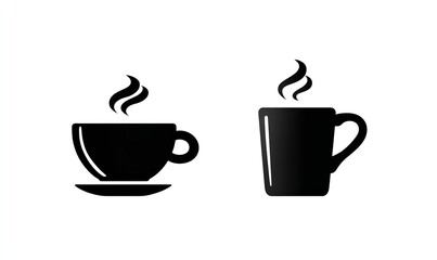 Obraz premium Black vector icons of a steaming coffee cup and tea mug, isolated on a white background. Simple silhouette icons, a flat symbol design, Generative AI.