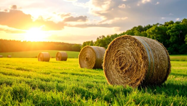 Sunset over a field of hay bales - Powered by Adobe