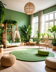 A lush, green-toned room with plenty of plants and natural light