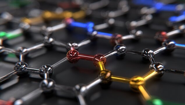 Interconnected metallic network with colored nodes; depth of field effect emphasizes structural complexity and connectivity