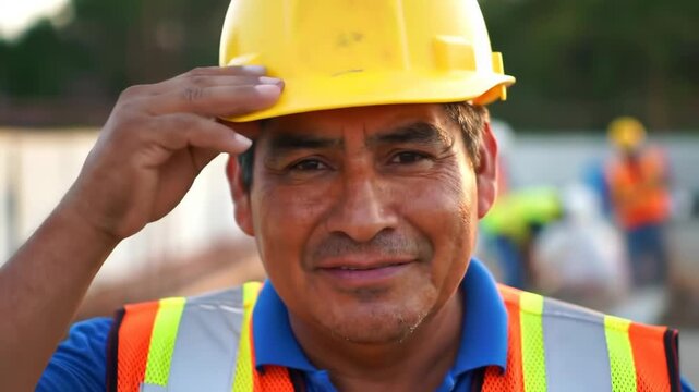 portrait of smiling and positive hispanic male construction worker looking at camera, fixing his hardhat. blurred construction site is in background. skilled manual labor, occupation, professionalism