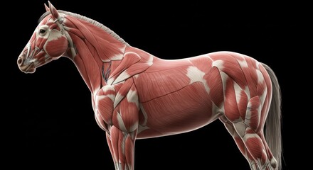 Detailed equine muscle anatomy render showcasing musculature and skeletal structure isolated on a