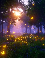 A magical forest path at dawn filled with glowing butterflies and flowers