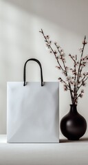 Simple Gift. A white shopping bag with black handles sits next to a dark vase holding delicate branches of blossoms, against a neutral wall, with soft light and shadows