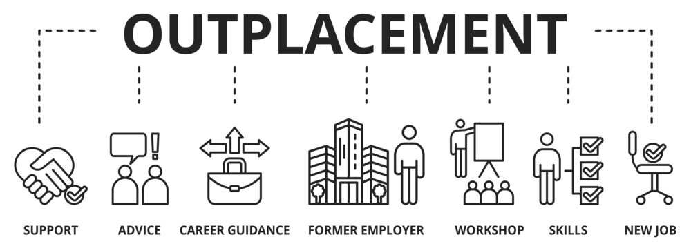 Banner outplacement vector illustration concept. advice, career guidance, training, ormer employee skills, workshop support and jew job icons