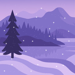 Flat vector winter landscape with snow-covered pine trees, frozen lake, mountains, and falling snow. Peaceful night scenery in purple tones, perfect for seasonal cards, web design, and backgrounds.