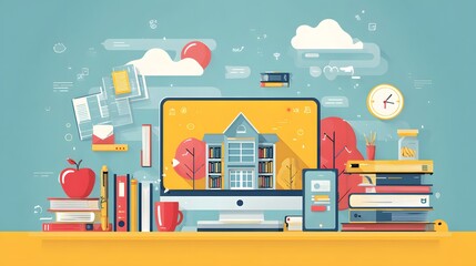 Whimsical E-Learning Vector Illustration with Modern Computer and Educational Elements