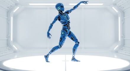 Futuristic droid with stylized movements stands out in clean white technology space