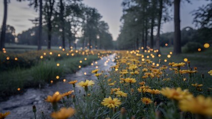Obraz premium Discover magical fireflies illuminating vibrant wildflower meadow at dusk