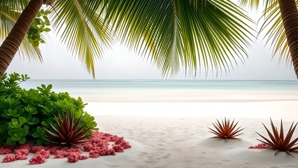 Tropical beach paradise with palm trees and clear blue water