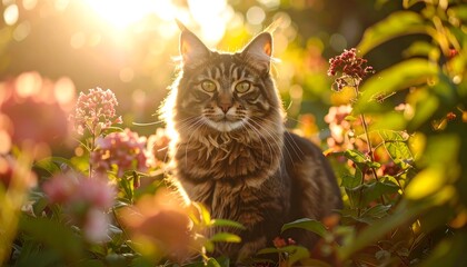 A Maine Coon cat in a sunlit garden