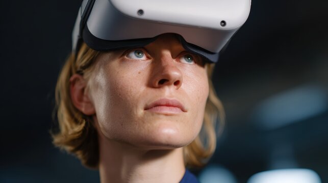 A young professional attending a virtual reality workshop for advanced design skills, immersive training. Upskilling, innovation. Futuristic, focused.