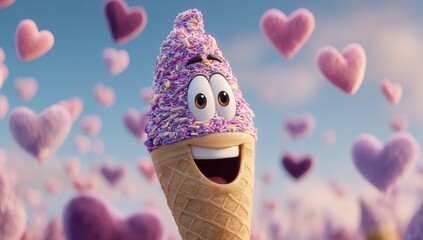 Smiling cone creature with a sprinkle-covered star-shaped head surrounded by floating pink hearts against a soft blue sky and pink background