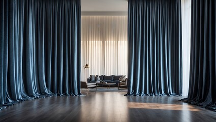 Grand and opulent formal living room in a luxury mansion, featuring a high ceiling, a bold striped wall, and modern furniture on a polished wood floor