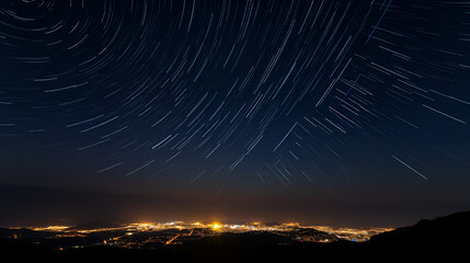 Night sky star trails around the North star with city lights in the background taken from the top of a hill in himalayas