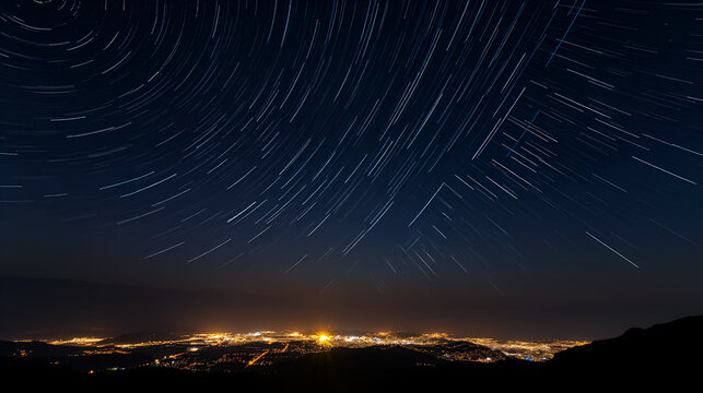 Night sky star trails around the North star with city lights in the background taken from the top of a hill in himalayas