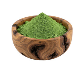 Green duckweed powder on rustic wooden bowl
