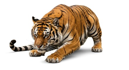 Majestic tiger in prowl preparing for the hunt on an isolated background wildlife display