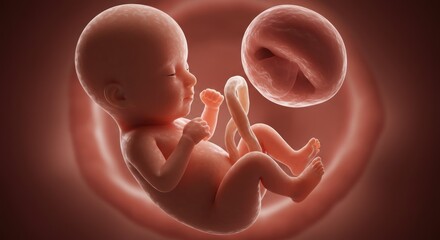 Medical visualization of a human fetus in utero showcasing fetal development and gestation stages