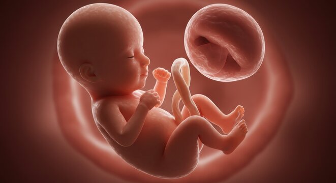 Medical visualization of a human fetus in utero showcasing fetal development and gestation stages