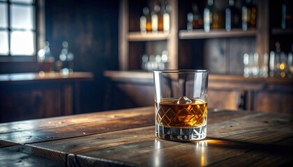 Glass of amber whiskey on wooden bar top with warm lighting, showcasing the rich color and texture of the drink, surrounded by blurred bottles in a rustic setting