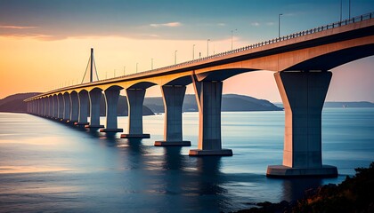 A majestic bridge spans a tranquil waterway at sunset